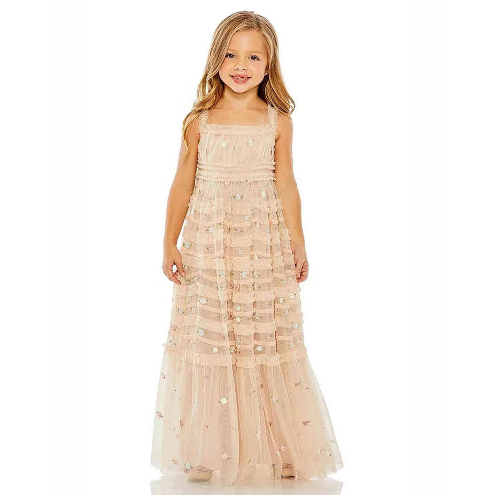 NWT, Mac Duggal Girls Blush Ruffle Tiered Floral Embroidered 8217 SZ 4  #MD0199